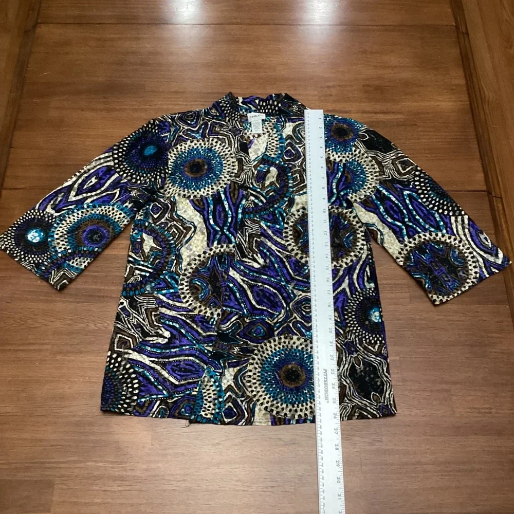 Chicos Size 1/M Purple Blue Abstract Geometric Mesh V-Neck 3/4 Sleeve Top Blouse